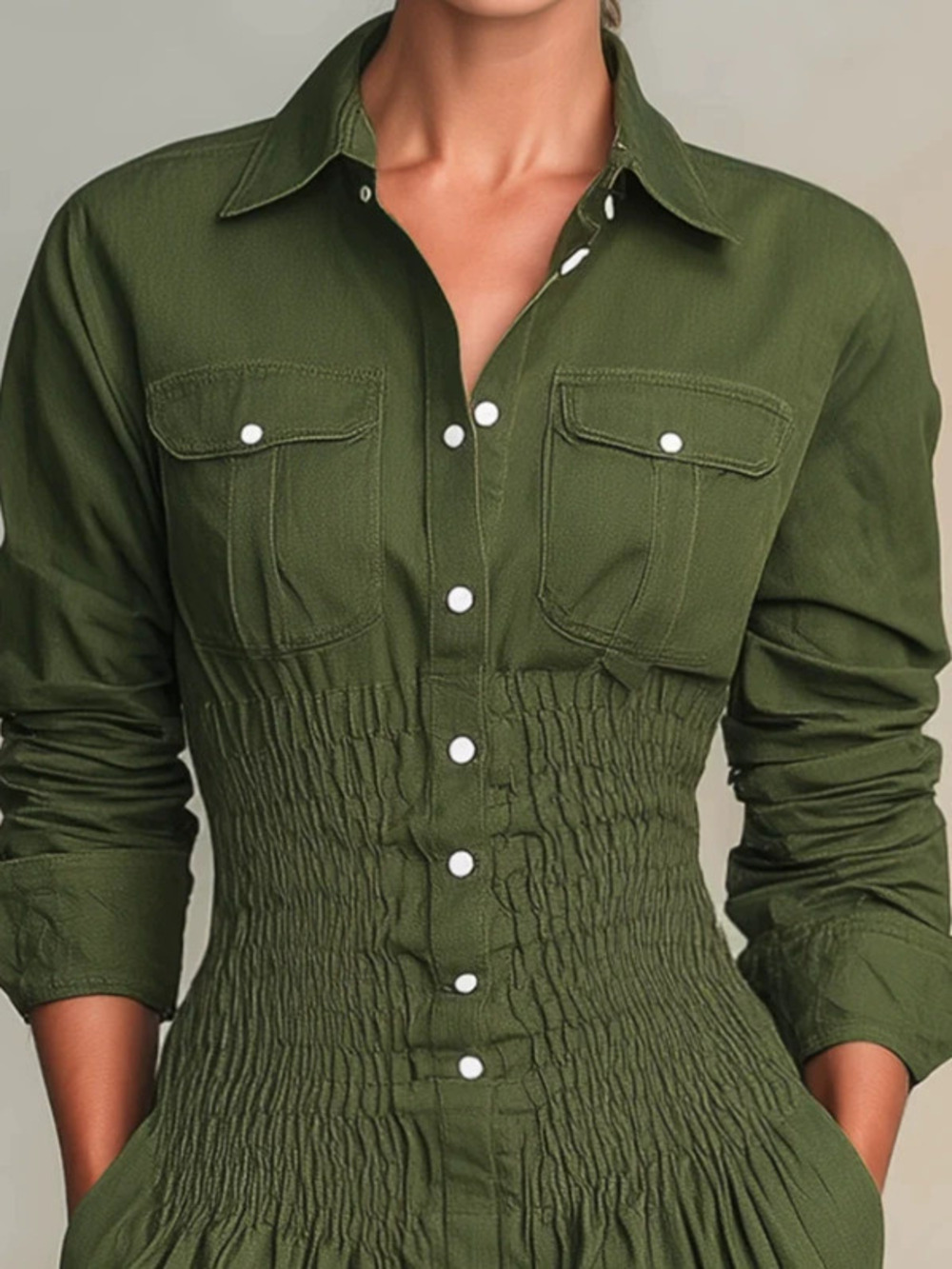 H&M   Women's Fashion Casual Olive Green Long Sleeve Shirred Waist Dress